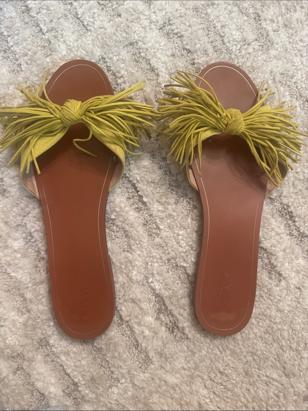 Zara Fringe Knot Slide Sandals in Yellow-Green
